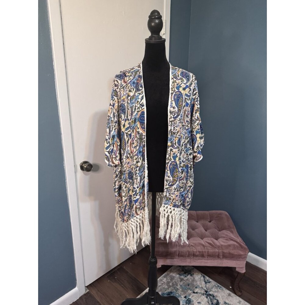 Women’s Blush Noir Paisley Kimono Fringe Tassel One Size Boho Chic Colorful EUC